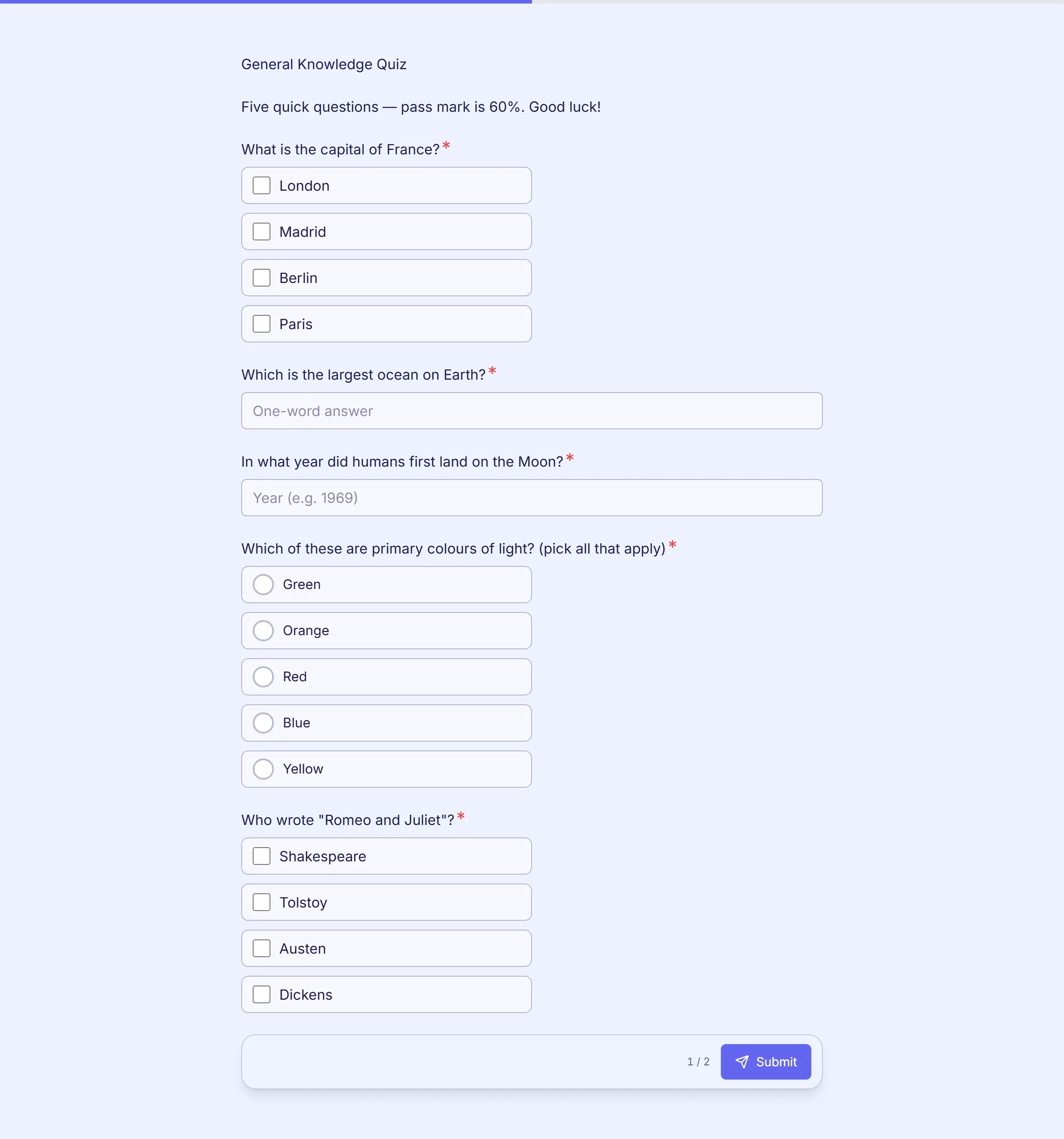 General Knowledge Quiz template preview