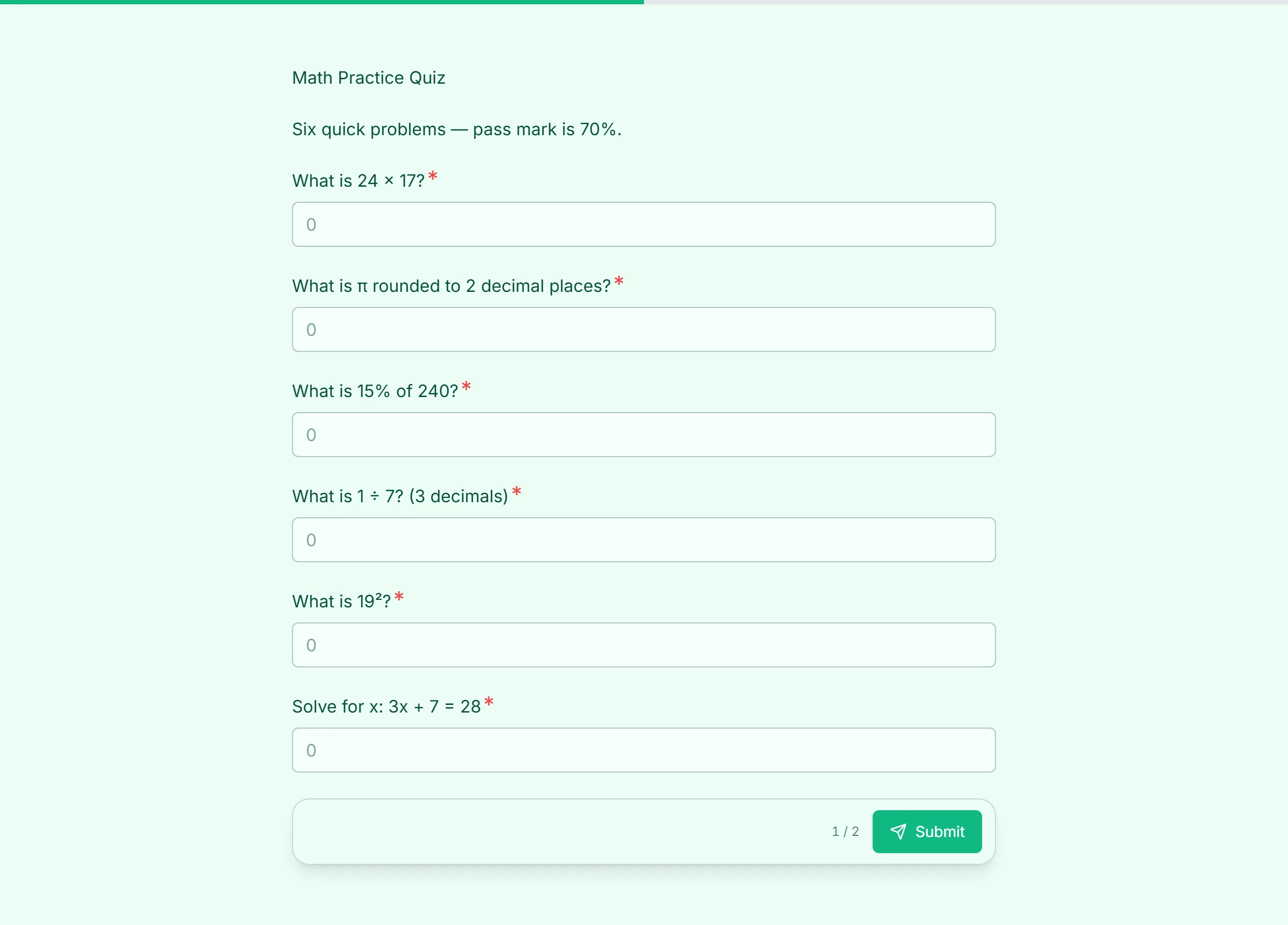 Math Practice Quiz template preview