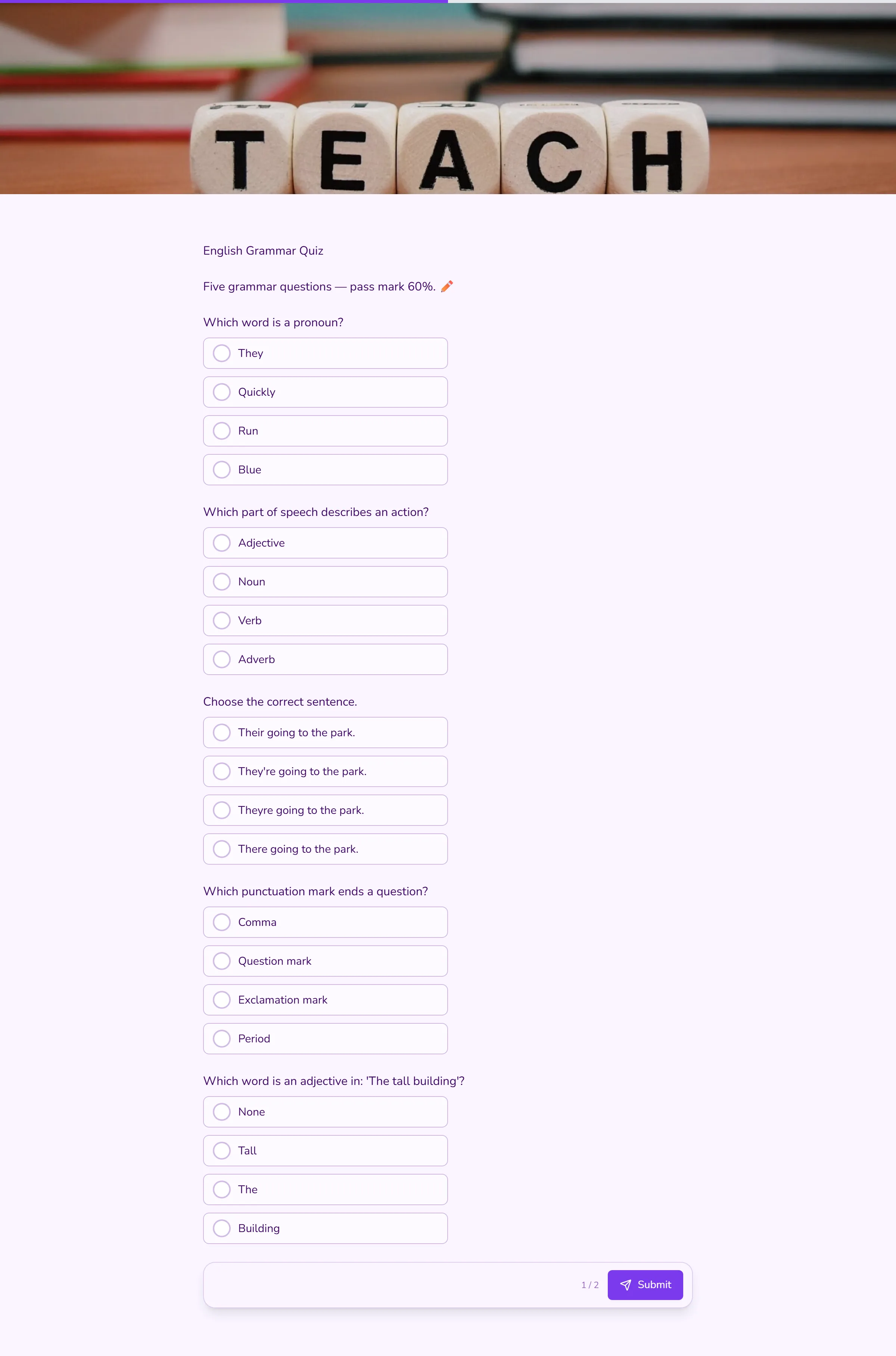English Grammar Quiz template preview