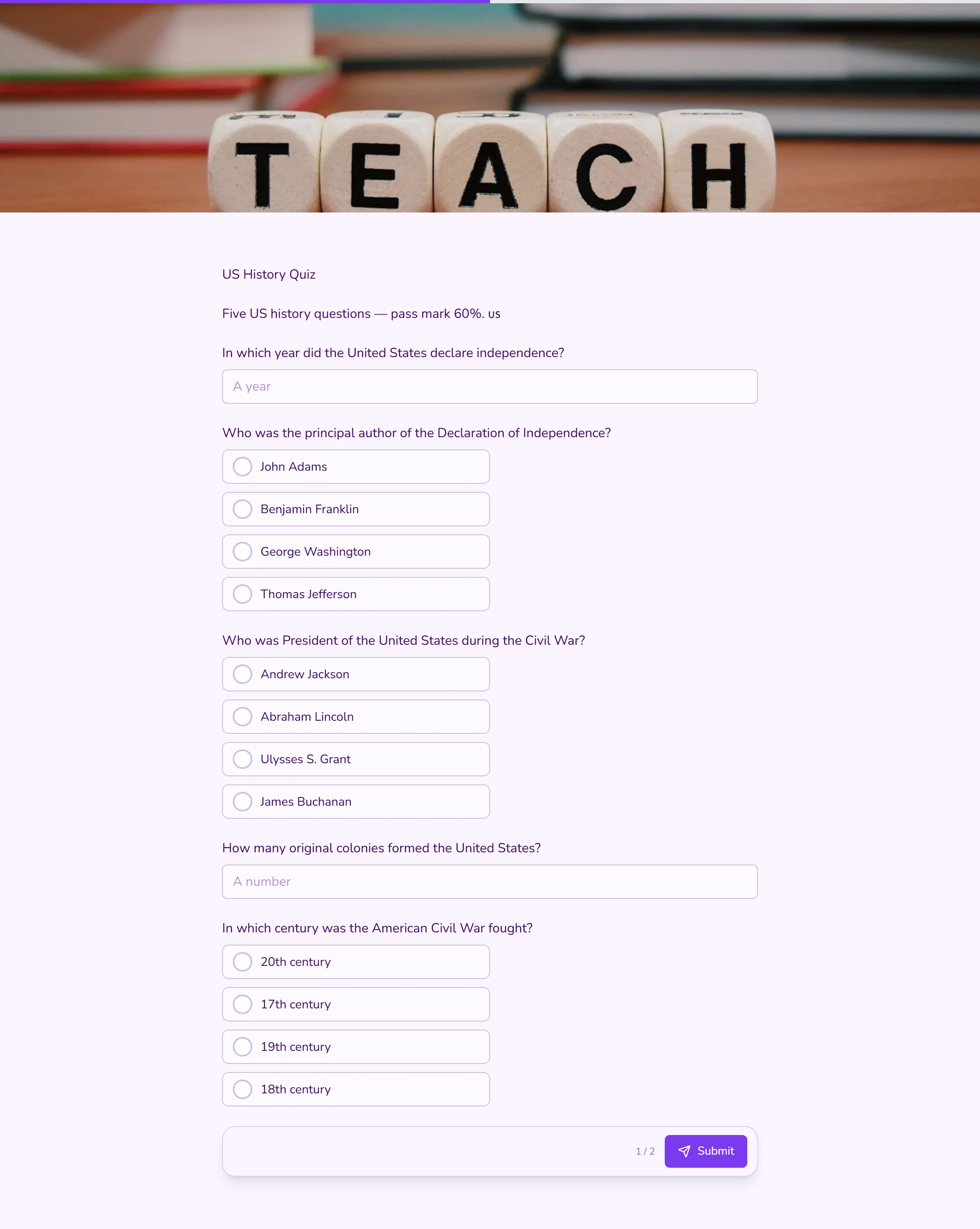 US History Quiz template preview
