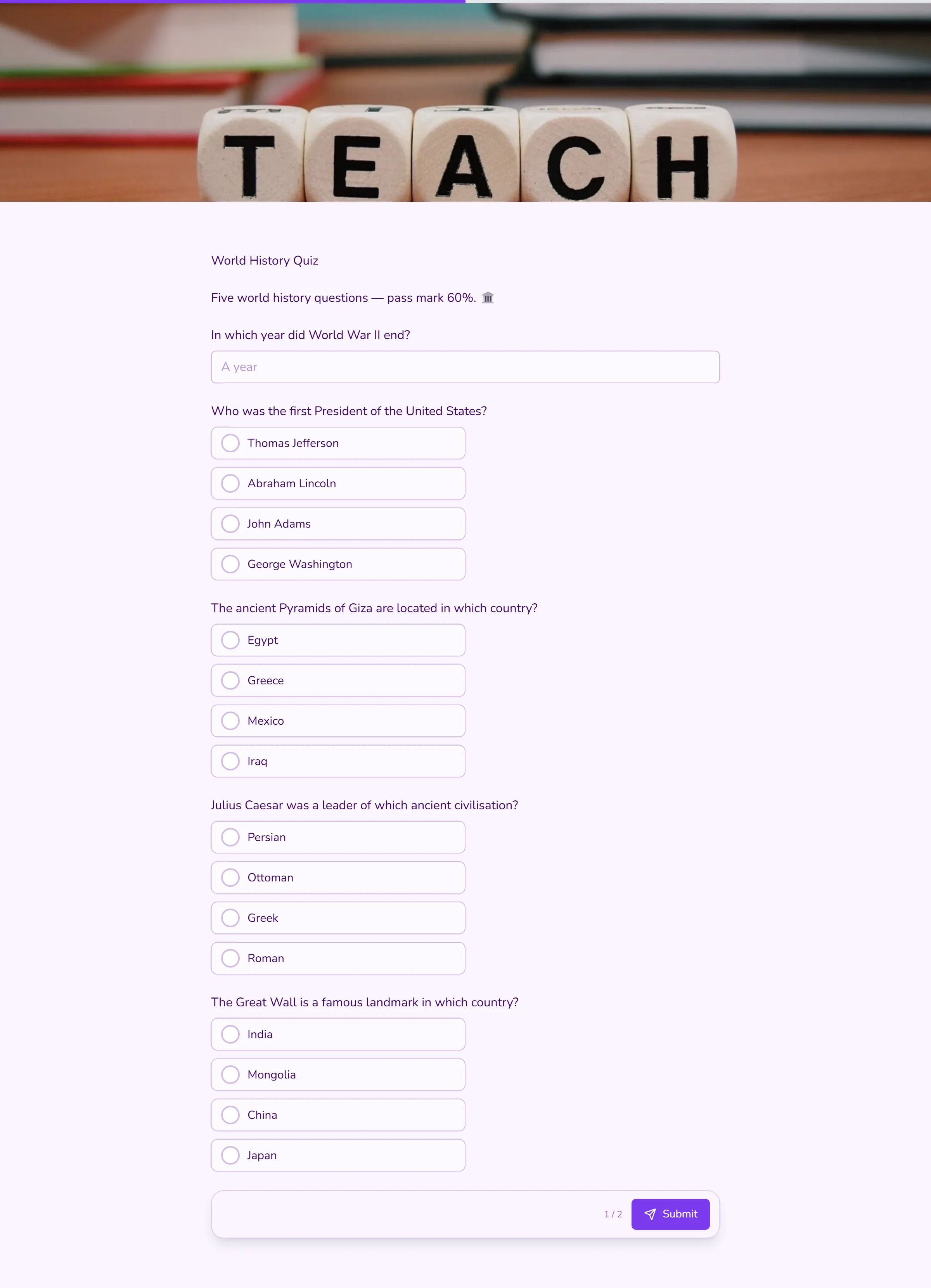 World History Quiz template preview